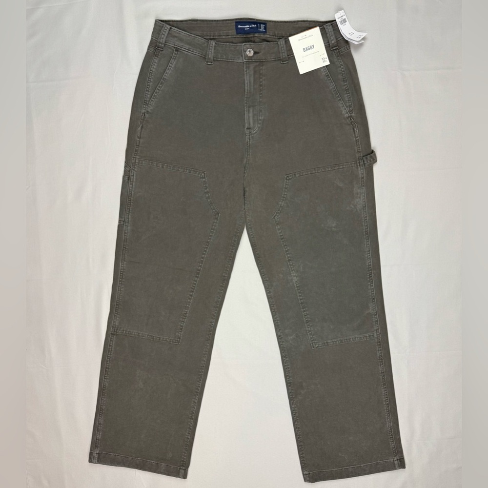 Abercrombie & Fitch Mens Baggy Double Knee Work Pants 33 x 30 Washed Olive B6